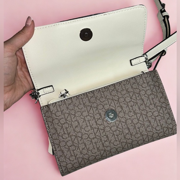 NWT Calvin Klein | Brown & White Monogram Crossbody Bag - Picture 8 of 14